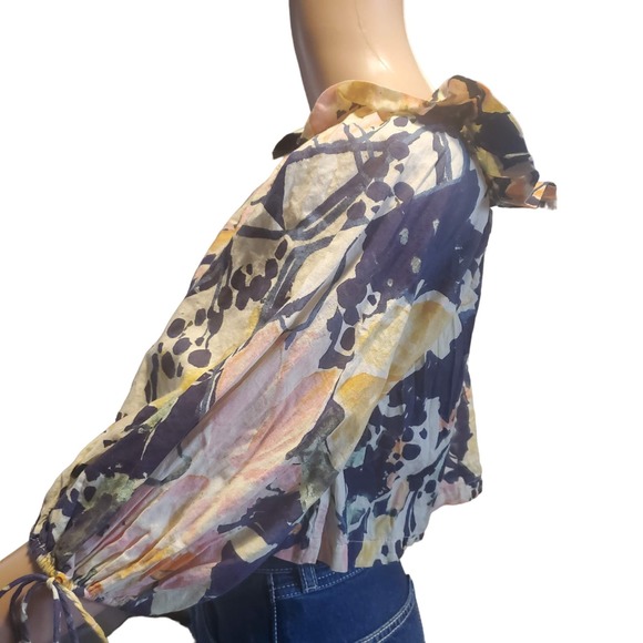 Free People Size S Shasta Boho Blue Floral Short Off Shoulder TOP ONLY - Picture 4 of 10